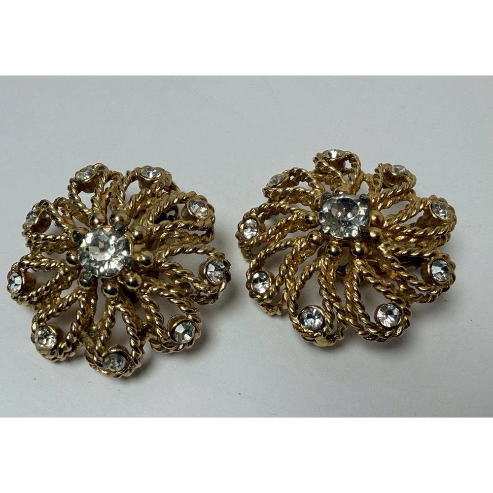Hattie Carnegie Gold-Tone Clip-On Earrings w/‎ Clear Rhinestones Signed Vintage